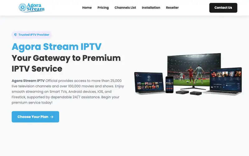 Homepage of Agora Stream IPTV at www.agorastreamiptv.com