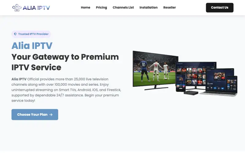 Homepage of Alia IPTV at www.aliaiptv.com