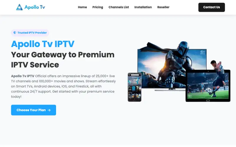 Homepage of Apollo TV IPTV at www.apollotviptvi.com