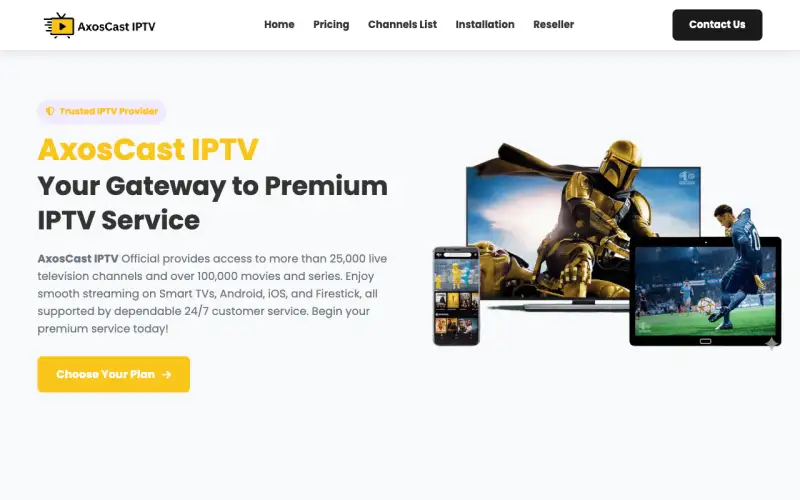 Homepage of AxosCast IPTV at www.axoscast-iptv.com