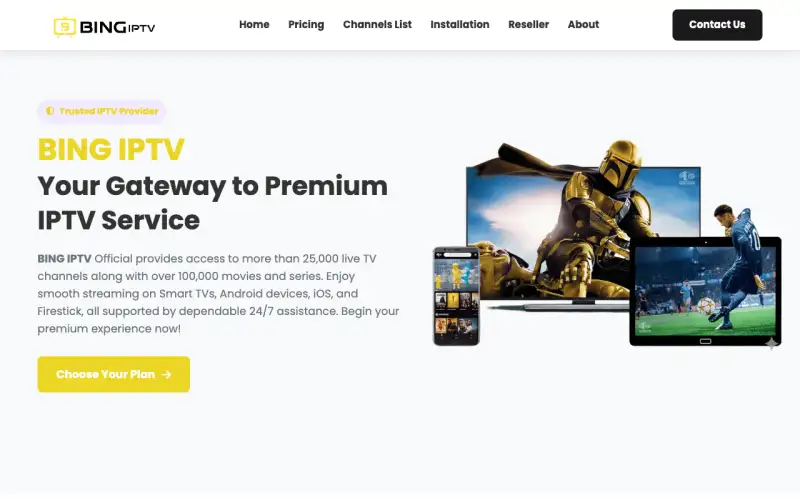Homepage of Bing IPTV at tv.bingiptvi.com