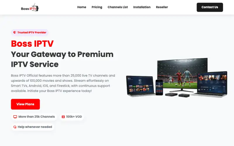 Homepage of Boss IPTV at www.bossiptvstore.com