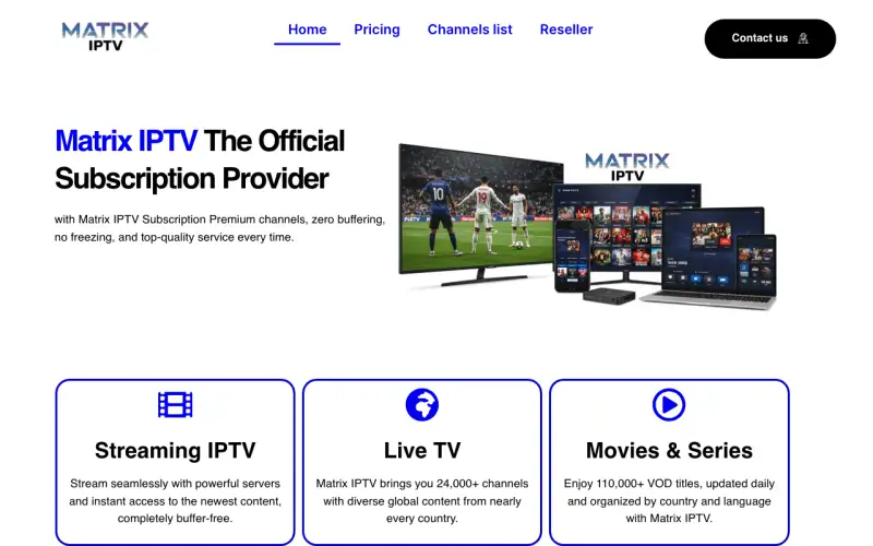 Homepage of Matrix IPTV at www.matrixiptv.store