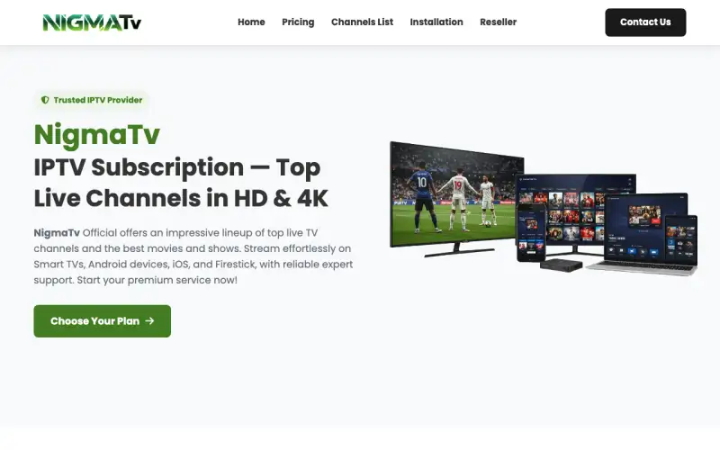 Homepage of Nigma TV IPTV at www.nigmatviptv.com