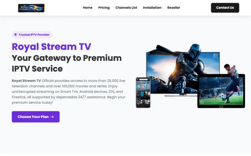 Homepage of Royal Stream TV at www.royalstreamtv.com