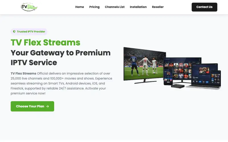 Homepage of TV Flex Streams at www.tvflexstreams.com