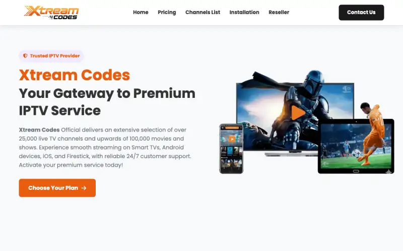 Homepage of Xtream Codes TV at www.xtreamcodestv.com