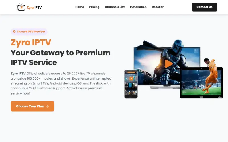 Homepage of Zyro IPTV at www.zyroiptv.com